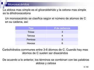 Monosacáridos
6 / 89
Un monosacárido se clasifica según el número de atomos de C
en su cadena, asi:
De acuerdo a lo anterior, los términos se combinan con las palabras
aldosa y cetosa
La aldosa mas simple es el gliceraldehido y la cetona mas simple
es la dihidroxiacetona
Tipo # de carbonos
Triosa 3
Tetrosa 4
Pentosa 5
Hexosa 6
Carbohidratos communes entre 3-6 átomos de C. Cuando hay mas
átomos de C suelen ser disacáridos
 