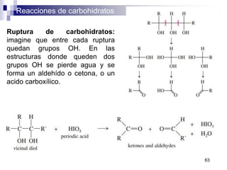 Reacciones de carbohidratos
63
Ruptura de carbohidratos:
imagine que entre cada ruptura
quedan grupos OH. En las
estructuras donde queden dos
grupos OH se pierde agua y se
forma un aldehído o cetona, o un
acido carboxílico.
 