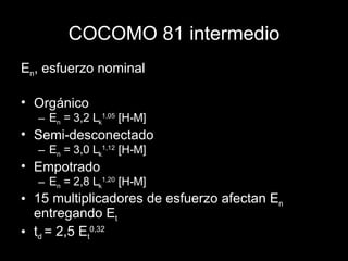 COCOMO 81 intermedio E n , esfuerzo nominal Orgánico E n  = 3,2 L k 1,05  [H-M] Semi-desconectado E n  = 3,0 L k 1,12  [H-M] Empotrado E n  = 2,8 L k 1,20  [H-M] 15 multiplicadores de esfuerzo afectan E n  entregando E t t d  = 2,5 E t 0,32 