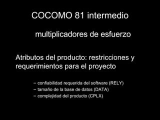 COCOMO 81 intermedio multiplicadores de esfuerzo Atributos del producto: restricciones y requerimientos para el proyecto confiabilidad requerida del software (RELY) tamaño de la base de datos (DATA) complejidad del producto (CPLX) 
