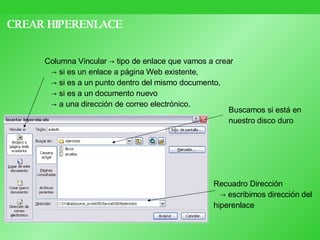 CREAR HIPERENLACE Columna Vincular ->  tipo de enlace que vamos a crear ->  si es un enlace a página Web existente,  ->  si es a un punto dentro del mismo documento,  ->  si es a un documento nuevo  ->  a una dirección de correo electrónico. Recuadro Dirección  ->  escribimos dirección del hiperenlace  Buscamos si está en nuestro disco duro  