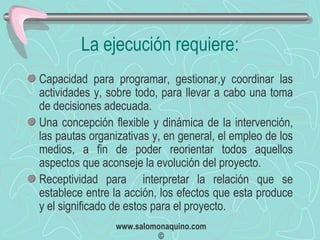 La ejecución requiere: Capacidad para programar, gestionar,y coordinar las actividades y, sobre todo, para llevar a cabo una toma de decisiones adecuada. Una concepción flexible y dinámica de la intervención, las pautas organizativas y, en general, el empleo de los medios, a fin de poder reorientar todos aquellos aspectos que aconseje la evolución del proyecto. Receptividad para  interpretar la relación que se establece entre la acción, los efectos que esta produce y el significado de estos para el proyecto. 