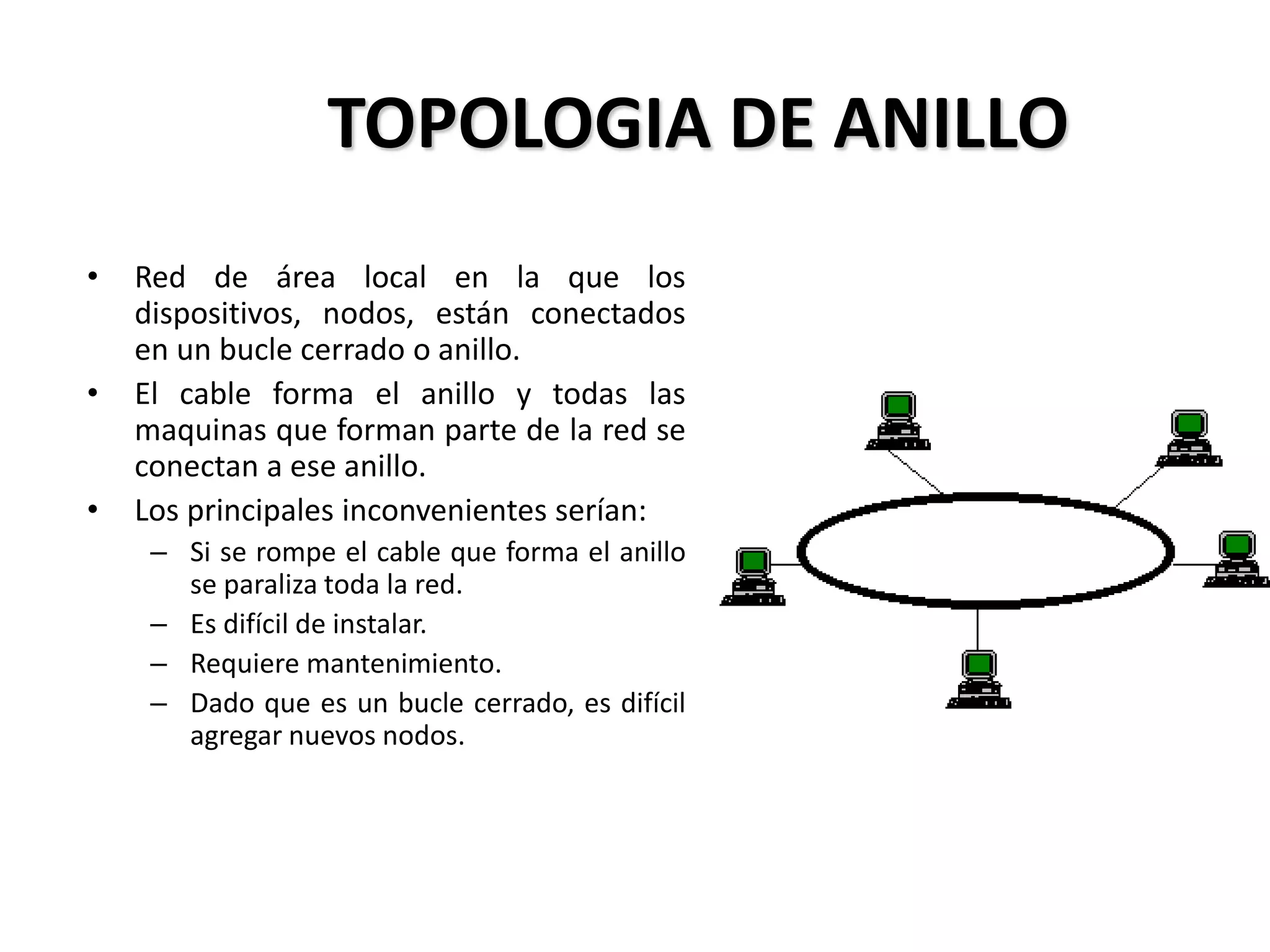 TOPOLOGIA DE ANILLO
• Red de área local en la que los
dispositivos, nodos, están conectados
en un bucle cerrado o anillo.
• El cable forma el anillo y todas las
maquinas que forman parte de la red se
conectan a ese anillo.
• Los principales inconvenientes serían:
– Si se rompe el cable que forma el anillo
se paraliza toda la red.
– Es difícil de instalar.
– Requiere mantenimiento.
– Dado que es un bucle cerrado, es difícil
agregar nuevos nodos.
 