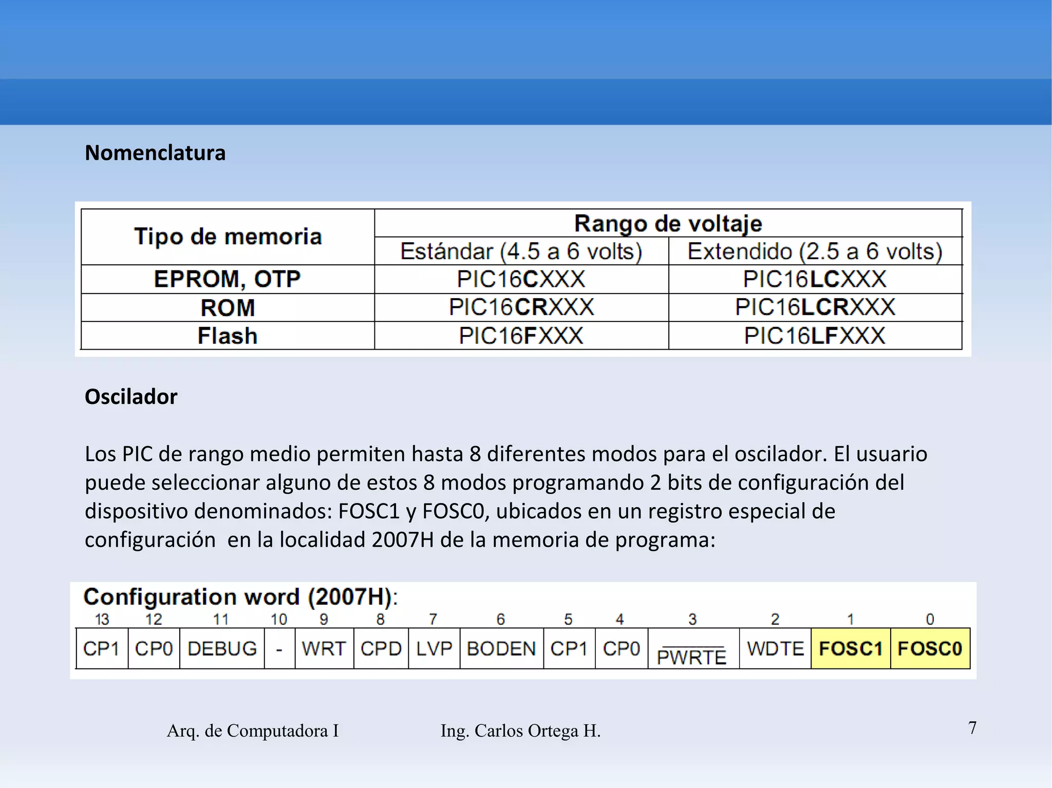 Nomenclatura




Oscilador

Los PIC de rango medio permiten hasta 8 diferentes modos para el oscilador. El usuario
puede seleccionar alguno de estos 8 modos programando 2 bits de configuración del
dispositivo denominados: FOSC1 y FOSC0, ubicados en un registro especial de
configuración en la localidad 2007H de la memoria de programa:




        Arq. de Computadora I       Ing. Carlos Ortega H.                                7
 