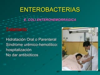 ENTEROBACTERIAS
         E. COLI ENTEROHEMORRÁGICA

Tratamiento:

Hidratación Oral o Parenteral
Síndrome urémico-hemolítico:
hospitalización
No dar antibióticos
 