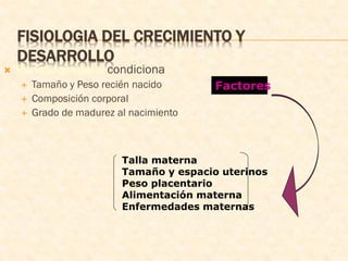 FISIOLOGIA DEL CRECIMIENTO Y
DESARROLLO
 Periodo prenatal condiciona
 Tamaño y Peso recién nacido
 Composición corporal
 Grado de madurez al nacimiento
Factores
Talla materna
Tamaño y espacio uterinos
Peso placentario
Alimentación materna
Enfermedades maternas
 