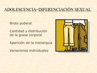ADOLESCENCIA=DIFERENCIACIÓN SEXUAL
Brote puberal
Cantidad y distribución
de la grasa corporal
Aparición de la menarquia
Variaciones individuales
 