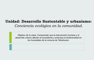 Unidad: Desarrollo Sustentable y urbanismo:
Conciencia ecológica en la comunidad.
Objetivo de la clase: Comprender que la intervención humana y el
desarrollo urbano afectan el ecosistema y amenaza la biodiversidad en
los humedales de la comuna de Talcahuano.
 