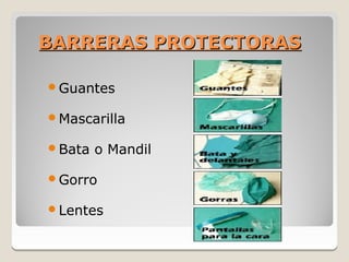 BARRERAS PROTECTORAS

Guantes

Mascarilla

Bata   o Mandil

Gorro

Lentes
 