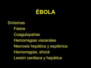 Síntomas  Fiebre Coagulopatías Hemorragias viscerales Necrosis hepática y esplénica Hemorragias, shock Lesión cardiaca y hepática ÉBOLA 