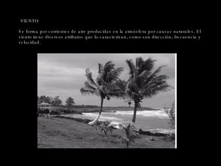 VIENTO Se forma por corrientes de aire producidas en la atmósfera por causas naturales. El viento tiene diversos atributos que lo caracterizan, como son dirección, frecuencia y velocidad. 