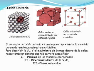 Celda Unitaria
Sólido cristalino CFC
Celda unitaria
representada por
esferas rígidas
Celda unitaria de
un reticulado
cristalino
El concepto de celda unitaria es usado para representar la simetría
de una determinada estructura cristalina.
Para describir la CU. Y el movimiento de átomos dentro de la celda,
necesitamos un sistema que nos permite especificar:
I.- Posición de los átomos o coordenadas,
II.- Direcciones dentro de la celda,
III.- Planos en la celda.
 