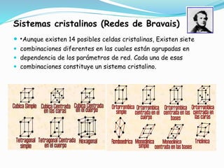Sistemas cristalinos (Redes de Bravais)
 •Aunque existen 14 posibles celdas cristalinas, Existen siete
 combinaciones diferentes en las cuales están agrupadas en
 dependencia de los parámetros de red. Cada una de esas
 combinaciones constituye un sistema cristalino.
 