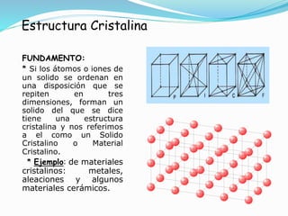 Estructura Cristalina
FUNDAMENTO:
* Si los átomos o iones de
un solido se ordenan en
una disposición que se
repiten en tres
dimensiones, forman un
solido del que se dice
tiene una estructura
cristalina y nos referimos
a el como un Solido
Cristalino o Material
Cristalino.
* Ejemplo: de materiales
cristalinos: metales,
aleaciones y algunos
materiales cerámicos.
 