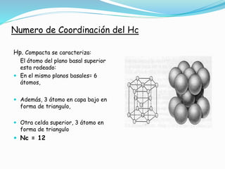 Numero de Coordinación del Hc
Hp. Compacta se caracteriza:
El átomo del plano basal superior
esta rodeado:
 En el mismo planos basales= 6
átomos,
 Además, 3 átomo en capa bajo en
forma de triangulo,
 Otra celda superior, 3 átomo en
forma de triangulo
 Nc = 12
 