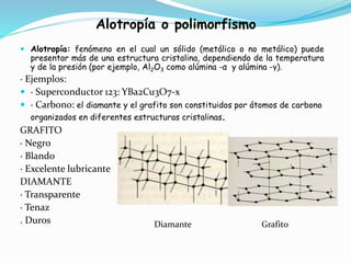 Alotropía o polimorfismo
 Alotropía: fenómeno en el cual un sólido (metálico o no metálico) puede
presentar más de una estructura cristalina, dependiendo de la temperatura
y de la presión (por ejemplo, Al2O3 como alúmina -α y alúmina -γ).
· Ejemplos:
 · Superconductor 123: YBa2Cu3O7-x
 · Carbono: el diamante y el grafito son constituidos por átomos de carbono
organizados en diferentes estructuras cristalinas.
GRAFITO
· Negro
· Blando
· Excelente lubricante
DIAMANTE
· Transparente
· Tenaz
. Duros Diamante Grafito
 