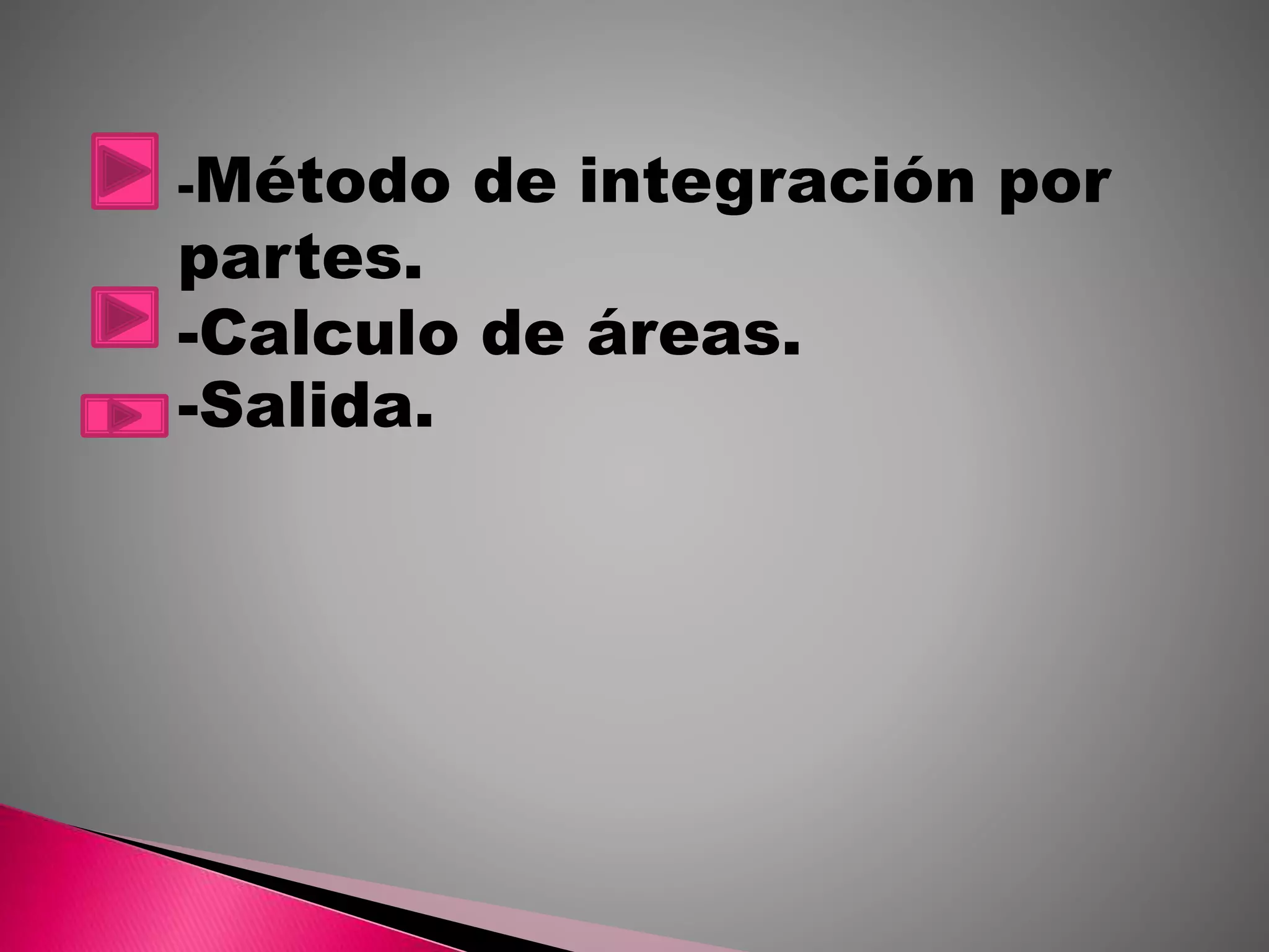 -Método de integración por
partes.
-Calculo de áreas.
-Salida.
 
