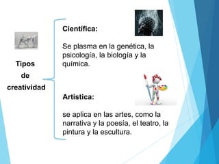 Tipos
de
creatividad
Científica:
Se plasma en la genética, la
psicología, la biología y la
química.
Artística:
se aplica en las artes, como la
narrativa y la poesía, el teatro, la
pintura y la escultura.
 