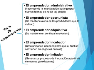 • El emprendedor administrativo
• El emprendedor oportunista
• El emprendedor adquisitivo
• El emprendedor incubador
• El emprendedor imitador
(hace uso de la investigación para generar
nuevas formas de hacer las cosas)
(Se mantiene alerta de las posibilidades que le
rodean)
(Se mantiene en continua innovación)
(Crea unidades independientes que al final se
convierten en negocios nuevos)
(Genera sus procesos de innovación a partir de
elementos ya existentes)
 