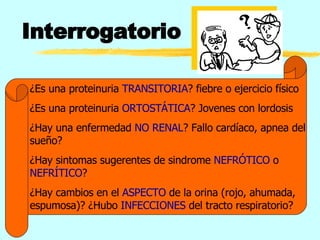 Interrogatorio ¿Es una proteinuria  TRANSITORIA ? fiebre o ejercicio físico ¿Es una proteinuria  ORTOSTÁTICA ? Jovenes con lordosis ¿Hay una enfermedad  NO RENAL ? Fallo cardíaco, apnea del sueño? ¿Hay sintomas sugerentes de sindrome  NEFRÓTICO  o  NEFRÍTICO ?  ¿Hay cambios en el  ASPECTO  de la orina (rojo, ahumada, espumosa)? ¿Hubo  INFECCIONES  del tracto respiratorio? 