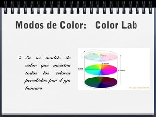 Modos de Color: Color Lab 
Es un modelo de 
color que muestra 
todos los colores 
percibidos por el ojo 
humano 
 