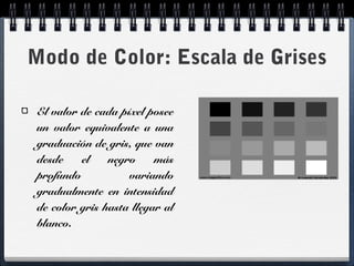 Modo de Color: Escala de Grises 
El valor de cada píxel posee 
un valor equivalente a una 
graduación de gris, que van 
desde el negro más 
profundo variando 
gradualmente en intensidad 
de color gris hasta llegar al 
blanco. 
 