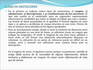 CLASES DE ANOTACIONES En la práctica se realizan cuatro tipos de anotaciones:  1)   croquis, 2) tabulaciones, 3)   descripciones, y 4) combinaciones de los anteriores . El tipo más común es el combinado, pero un registrador experimentado seleccionará la modalidad que mejor se adapte al trabajo que vaya a realizar. Las formas de datos presentadas en el apéndice D ilustran algunos de estos tipos y se aplican a problemas de campo descritos en este texto. Dentro de éste se incluyen otros ejemplos en los lugares apropiados. Para un levantamiento simple, donde se tiene la medición de distancias entre estacas plantadas en una serie de líneas, es suficiente trazar un croquis que indique las longitudes. Al medir la longitud de una línea hacia adelante y hacia atrás, es útil formar una tabulación adecuadamente dispuesta en columnas. La ubicación de un punto de referencia puede ser difícil sin un croquis, pero a menudo son suficientes unas cuantas líneas para su descripción.  En el registro de notas, el siguiente criterio siempre es pertinente:  cuando se tenga duda acerca de la necesidad de alguna información, deberá incluirse y elaborarse un croquis. Es mejor tener información de más que de menos   