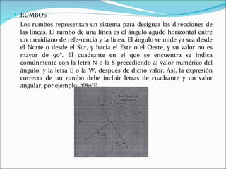 RUMBOS Los rumbos representan un sistema para designar las direcciones de las líneas. El rumbo de una línea es el ángulo agudo horizontal entre un meridiano de refe­rencia y la línea. El ángulo se mide ya sea desde el Norte o desde el Sur, y hacia el Este o el Oeste, y su valor no es mayor de 90°. El cuadrante en el que se encuentra se indica comúnmente con la letra N o la S precediendo al valor numérico del ángulo, y la letra E o la W, después de dicho valor. Así, la expresión correcta de un rumbo debe incluir letras de cuadrante y un valor angular; por ejemplo: N80°E. 