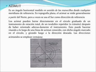 AZIMUT Es un ángulo horizontal medido  en sentido de las manecillas  desde cualquier meridiano de referencia. En topografía plana, el acimut se mide generalmente a partir del Norte, pero a veces se usa el Sur como dirección de referencia   Los acimut pueden leerse directamente en el círculo graduado de un instrumento de estación total, de un teodolito repetidor (o tránsito) después de haber orientado adecua­damente el instrumento. Esto puede hacerse visando a lo largo de una línea de acimut conocido, con dicho ángulo marcado en el círculo, y girando luego a la dirección deseada. Las  direcciones  acimutales se emplean ventajosa   