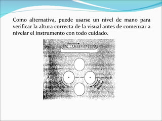 Como alternativa, puede usarse un nivel de mano para verificar la altura correcta de la visual antes de comenzar a nivelar el instrumento con todo cuidado. 