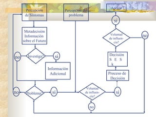 Investiga? no Percepción de Síntomas   Metadecisión Información  sobre el Futuro si Información Adicional Problema? no si Percepción del problema Voluntad de influen- cia? no si Decisión S  E  S k Proceso de  Decisión si no Acción Voluntad de influen- cia? 