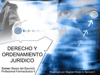 DERECHO Y
ORDENAMIENTO
JURÍDICO
Curso: Bases del Ejercicio
Profesional Farmacéutico II Presentado por: Magíster Rubén A. Berrocal T.
 
