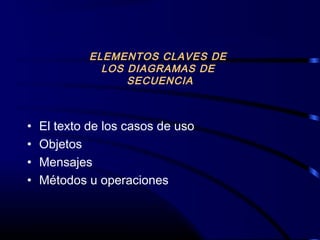 • El texto de los casos de uso
• Objetos
• Mensajes
• Métodos u operaciones
ELEMENTOS CLAVES DE
LOS DIAGRAMAS DE
SECUENCIA
 