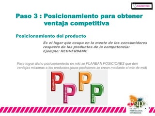 Paso 3 : Posicionamiento para obtener 
ventaja competitiva 
Posicionamiento del producto 
Es el lugar que ocupa en la mente de los consumidores 
respecto de los productos de la competencia: 
Ejemplo: RECUERDAME 
Para lograr dicho posicionamiento en mkt se PLANEAN POSICIONES que den 
ventajas máximas a los productos,(esas posiciones se crean mediante el mix de mkt) 
