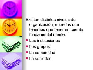 Existen distintos niveles de organización, entre los que tenemos que tener en cuenta fundamental mente: Las instituciones Los grupos La comunidad La sociedad 