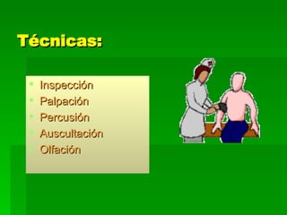 Técnicas: Inspección  Palpación Percusión Auscultación Olfación 