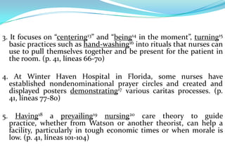 3. It focuses on “centering13” and “being14 in the moment”, turning15
   basic practices such as hand-washing16 into rituals that nurses can
   use to pull themselves together and be present for the patient in
   the room. (p. 41, líneas 66-70)

4. At Winter Haven Hospital in Florida, some nurses have
  established nondenominational prayer circles and created and
  displayed posters demonstrating17 various caritas processes. (p.
  41, líneas 77-80)

5. Having18 a prevailing19 nursing20 care theory to guide
  practice, whether from Watson or another theorist, can help a
  facility, particularly in tough economic times or when morale is
  low. (p. 41, líneas 101-104)
 