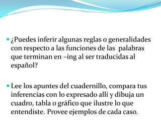  ¿Puedes inferir algunas reglas o generalidades
 con respecto a las funciones de las palabras
 que terminan en –ing al ser traducidas al
 español?

 Lee los apuntes del cuadernillo, compara tus
 inferencias con lo expresado allí y dibuja un
 cuadro, tabla o gráfico que ilustre lo que
 entendiste. Provee ejemplos de cada caso.
 