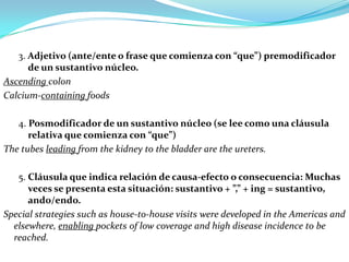 3. Adjetivo (ante/ente o frase que comienza con “que”) premodificador
      de un sustantivo núcleo.
Ascending colon
Calcium-containing foods

   4. Posmodificador de un sustantivo núcleo (se lee como una cláusula
      relativa que comienza con “que”)
The tubes leading from the kidney to the bladder are the ureters.

   5. Cláusula que indica relación de causa-efecto o consecuencia: Muchas
      veces se presenta esta situación: sustantivo + ”,” + ing = sustantivo,
      ando/endo.
Special strategies such as house-to-house visits were developed in the Americas and
  elsewhere, enabling pockets of low coverage and high disease incidence to be
  reached.
 