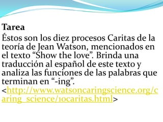 Tarea
Éstos son los diez procesos Caritas de la
teoría de Jean Watson, mencionados en
el texto “Show the love”. Brinda una
traducción al español de este texto y
analiza las funciones de las palabras que
terminan en “-ing”.
<http://www.watsoncaringscience.org/c
aring_science/10caritas.html>
 