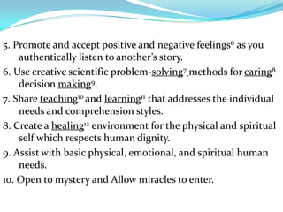 5. Promote and accept positive and negative feelings6 as you
    authentically listen to another’s story.
6. Use creative scientific problem-solving7 methods for caring8
    decision making9.
7. Share teaching10 and learning11 that addresses the individual
    needs and comprehension styles.
8. Create a healing12 environment for the physical and spiritual
    self which respects human dignity.
9. Assist with basic physical, emotional, and spiritual human
    needs.
10. Open to mystery and Allow miracles to enter.
 