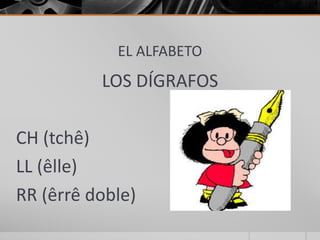 EL ALFABETO
LOS DÍGRAFOS
CH (tchê)
LL (êlle)
RR (êrrê doble)
 
