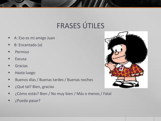 FRASES ÚTILES
 A: Eso es mi amigo Juan
 B: Encantado (a)
 Permiso
 Excusa
 Gracias
 Hasta luego
 Buenos días / Buenas tardes / Buenas noches
 ¿Qué tal? Bien, gracias
 ¿Cómo estás? Bien / No muy bien / Más o menos / Fatal
 ¿Puedo pasar?
 