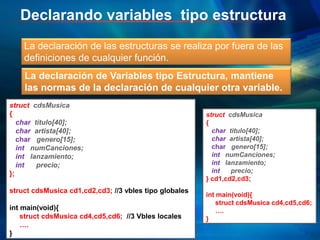 Declarando variables tipo estructura
La declaración de las estructuras se realiza por fuera de las
definiciones de cualquier función.
struct cdsMusica
{
char titulo[40];
char artista[40];
char genero[15];
int numCanciones;
int lanzamiento;
int precio;
};
struct cdsMusica cd1,cd2,cd3; //3 vbles tipo globales
int main(void){
struct cdsMusica cd4,cd5,cd6; //3 Vbles locales
….
}
La declaración de Variables tipo Estructura, mantiene
las normas de la declaración de cualquier otra variable.
struct cdsMusica
{
char titulo[40];
char artista[40];
char genero[15];
int numCanciones;
int lanzamiento;
int precio;
} cd1,cd2,cd3;
int main(void){
struct cdsMusica cd4,cd5,cd6;
….
}
 