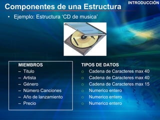 Componentes de una Estructura
• Ejemplo: Estructura ‘CD de musica’
INTRODUCCIÓN
TIPOS DE DATOS
 Cadena de Caracteres max 40
 Cadena de Caracteres max 40
 Cadena de Caracteres max 15
 Numerico entero
 Numerico entero
 Numerico entero
MIEMBROS
– Titulo
– Artista
– Género
– Número Canciones
– Año de lanzamiento
– Precio
 