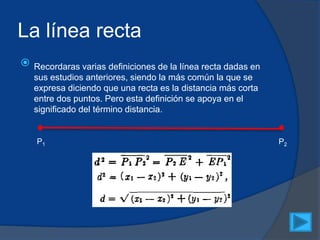 La línea recta
 Recordaras varias definiciones de la línea recta dadas en
sus estudios anteriores, siendo la más común la que se
expresa diciendo que una recta es la distancia más corta
entre dos puntos. Pero esta definición se apoya en el
significado del término distancia.
P1 P2
 