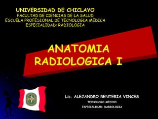 ANATOMIA
RADIOLOGICA I
Lic. ALEJANDRO RENTERIA VINCES
TECNOLOGO MEDICO
ESPECIALIDAD: RADIOLOGIA
UNIVERSIDAD DE CHICLAYO
FACULTAD DE CIENCIAS DE LA SALUD
ESCUELA PROFESIONAL DE TECNOLOGIA MEDICA
ESPECIALIDAD: RADIOLOGIA
 