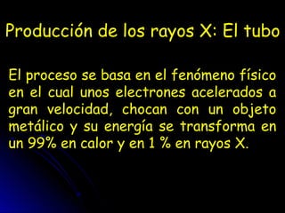 Producción de los rayos X: El tuboProducción de los rayos X: El tubo
El proceso se basa en el fenómeno físico
en el cual unos electrones acelerados a
gran velocidad, chocan con un objeto
metálico y su energía se transforma en
un 99% en calor y en 1 % en rayos X.
 
