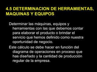 4.5 DETERMINACION DE HERRAMIENTAS, MAQUINAS Y EQUIPOS Determinar las máquinas, equipos y herramientas con las que debemos contar para elaborar el producto o brindar el servicio que hemos definido como nuestra oportunidad de negocio. Este cálculo se debe hacer en función del diagrama de operaciones en proceso que has diseñado y la cantidad de producción regular de la empresa. 