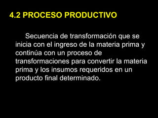 Secuencia de transformación que se inicia con el ingreso de la materia prima y continúa con un proceso de transformaciones para convertir la materia prima y los insumos requeridos en un producto final determinado. 4.2 PROCESO PRODUCTIVO 